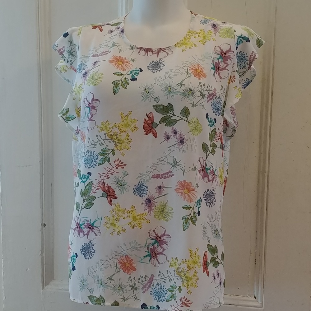 George White Floral Print Blouse with Multicolor Flower Accents
